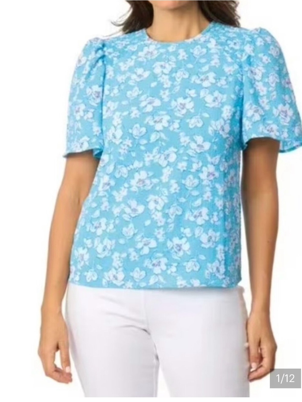 Draper James Flutter Sleeve Blouse XL Blue Floral Smocked Top Cottagecore Preppy - Picture 7 of 11
